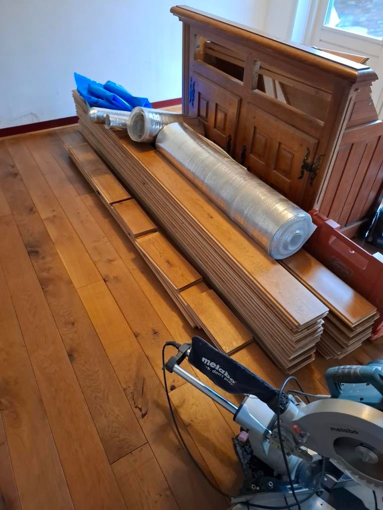 Eiken vloerdelen/planken 10m2 met zeil en ondervloer, Ophalen, Gebruikt, Vloerdelen of -planken, 10 m² of meer