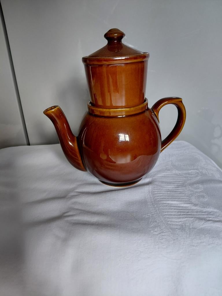 Vintage koffiepot met filter - Bruin aardewerk, Ophalen, Steen/keramiek, Bruin, Overige typen