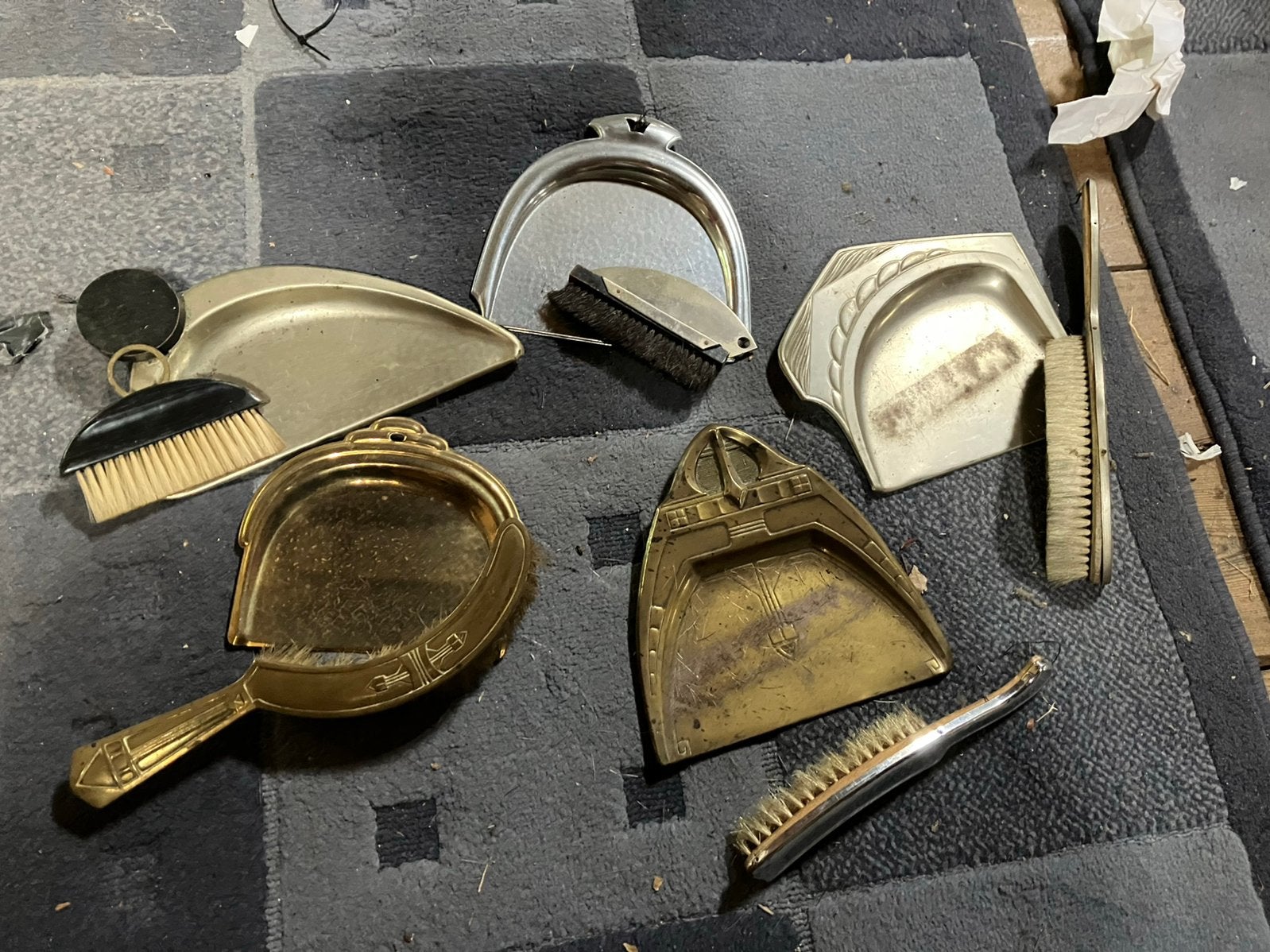 5 antieke stoffer en blik kruimelveger art deco, Ophalen of Verzenden