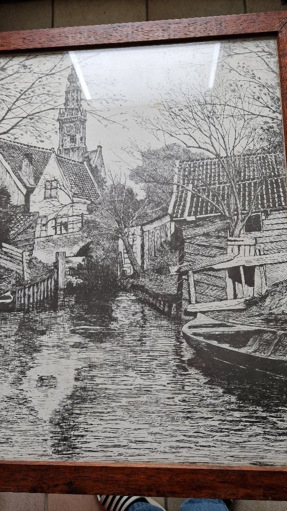 oude tekening ets giethoorn ? in oude lijst, Ophalen of Verzenden
