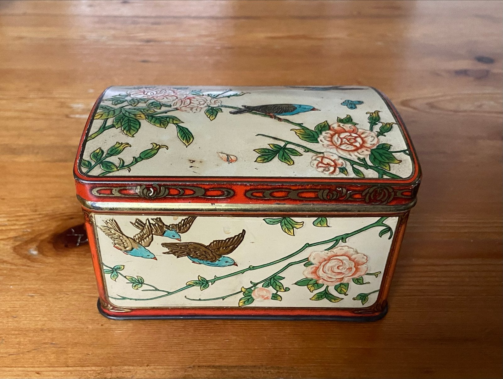 Vintage blikken doos met vogel- en bloemmotief, Ophalen of Verzenden