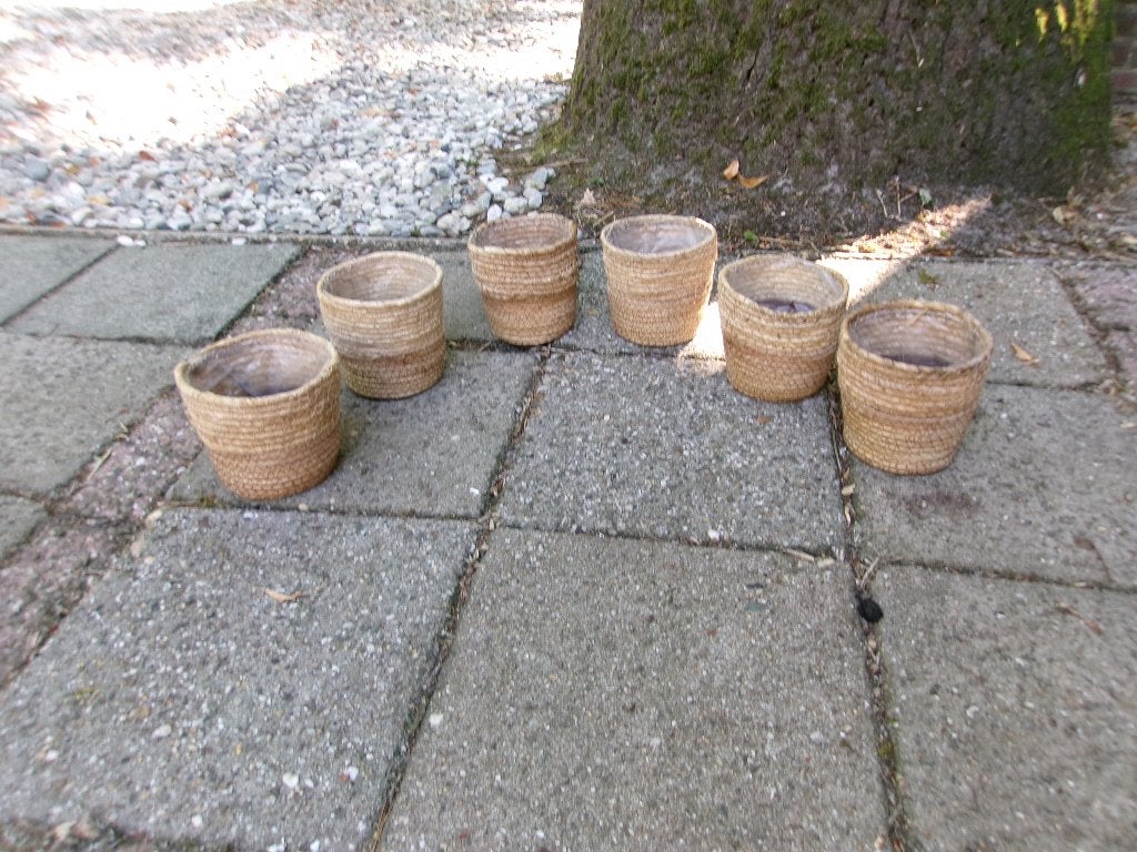 Gevlochten Plantenpotjes 6x, Tuin en Terras, Overige materialen, Gebruikt, Rond, Ophalen of Verzenden