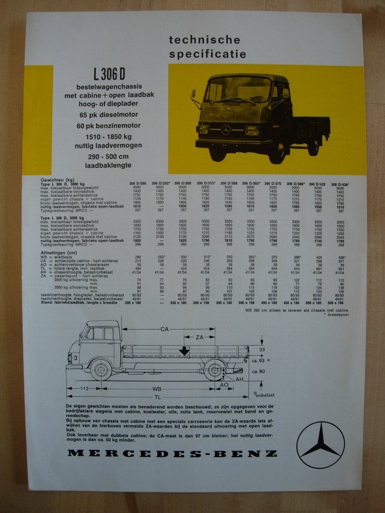 Mercedes 306 307 Technische Specificatie Brochure 1972 306D, Zo goed als nieuw, Mercedes-Benz, Mercedes, Ophalen of Verzenden