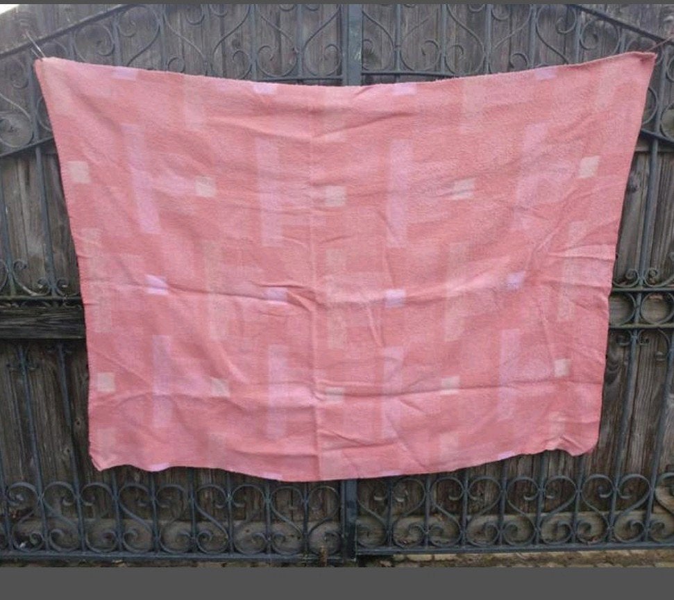 Vintage wollen roze deken met geometrisch patroon, Ophalen of Verzenden