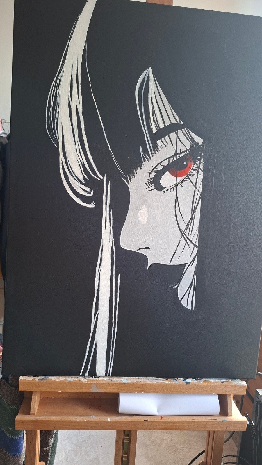 Modern schilderij: Anime-meisje met rode ogen, Ophalen of Verzenden, Handgeschilderd, Textiel, Figuren