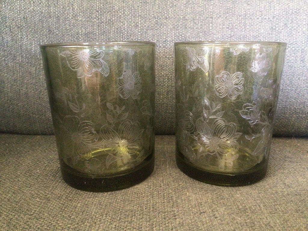 Riviera Maison groene windlichten glas met bloempatroon 2 st, Huis en Inrichting, Windlicht, 12 cm, Rivièra Maison, Ophalen of Verzenden