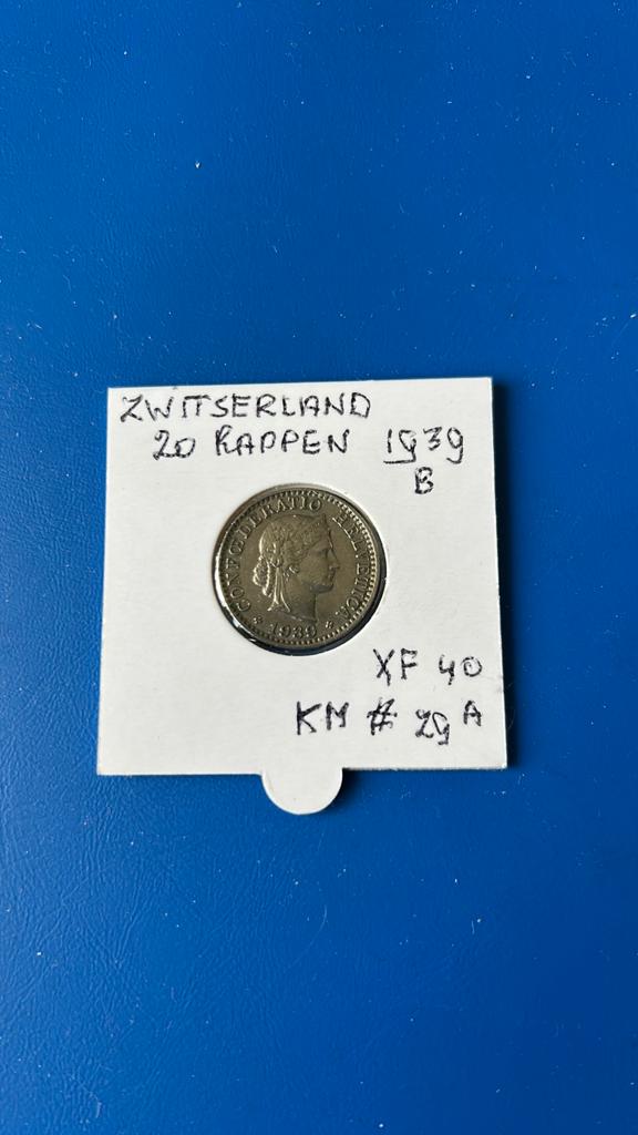 Zwitserland 20 rappen 1939B lastig jaar, Ophalen of Verzenden, Overige landen