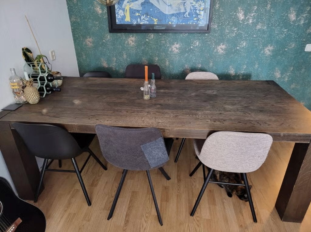 6-8pers mooie eettafel van massief eikenhout (100x22), Ophalen, Gebruikt, Eikenhout, 200 cm of meer