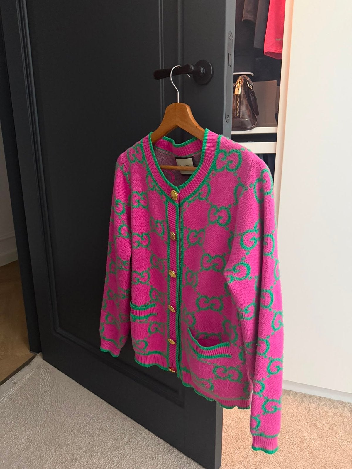 Gucci GG Cardigan Roze/Groen - s/m, Ophalen of Verzenden, Zo goed als nieuw, Maat 38/40 (M), Roze