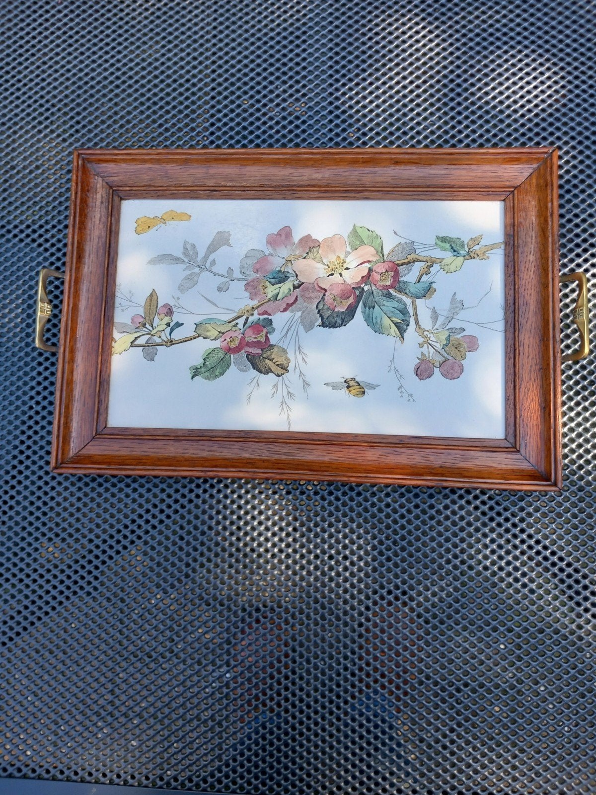 Antiek dienblad met tegeltableau appelbloesem, Ophalen of Verzenden