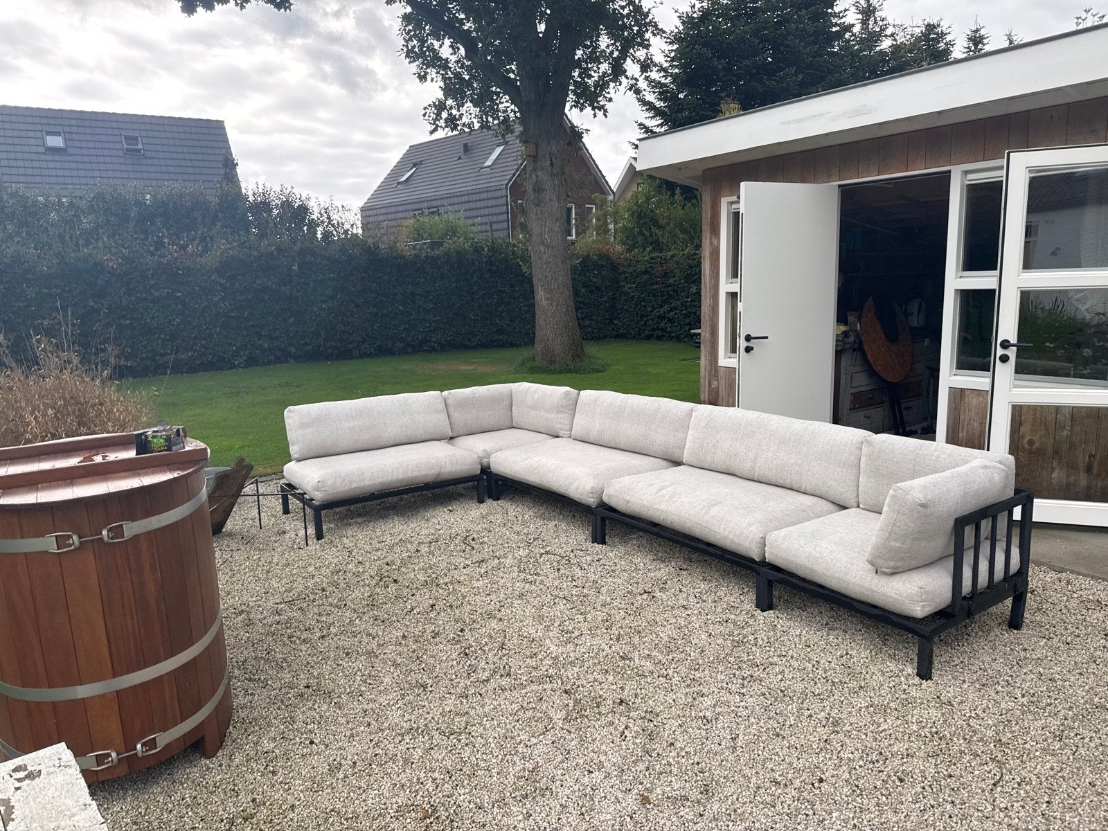 Grote loungeset met aluminium frame en lichte kussens, Tuin en Terras, Ophalen, Gebruikt, Meer dan 8 zitplaatsen, Aluminium