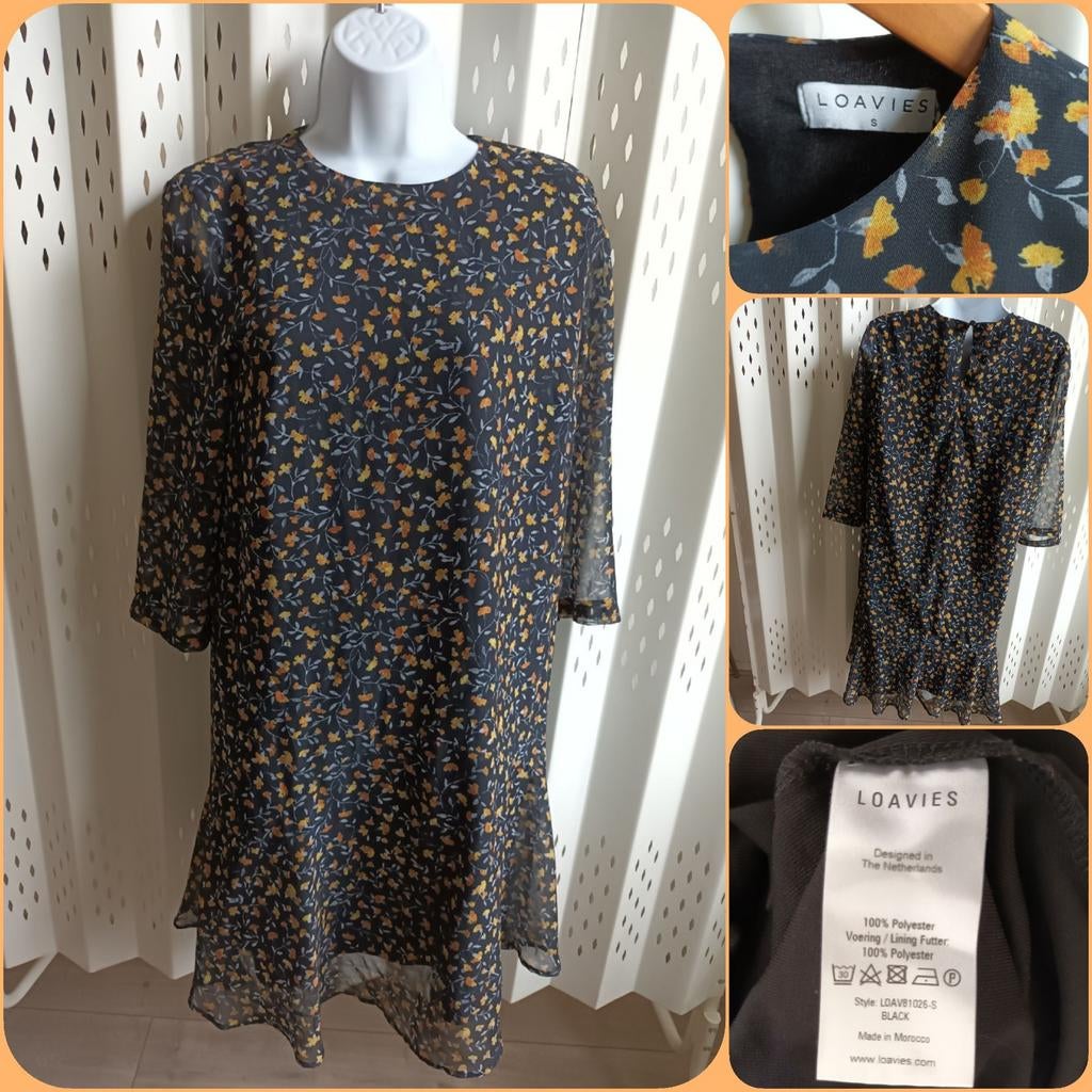 Loavies zwarte jurk met bloemenprint en onderjurk S, Zwart, Ophalen of Verzenden, Maat 36 (S), Boven de knie