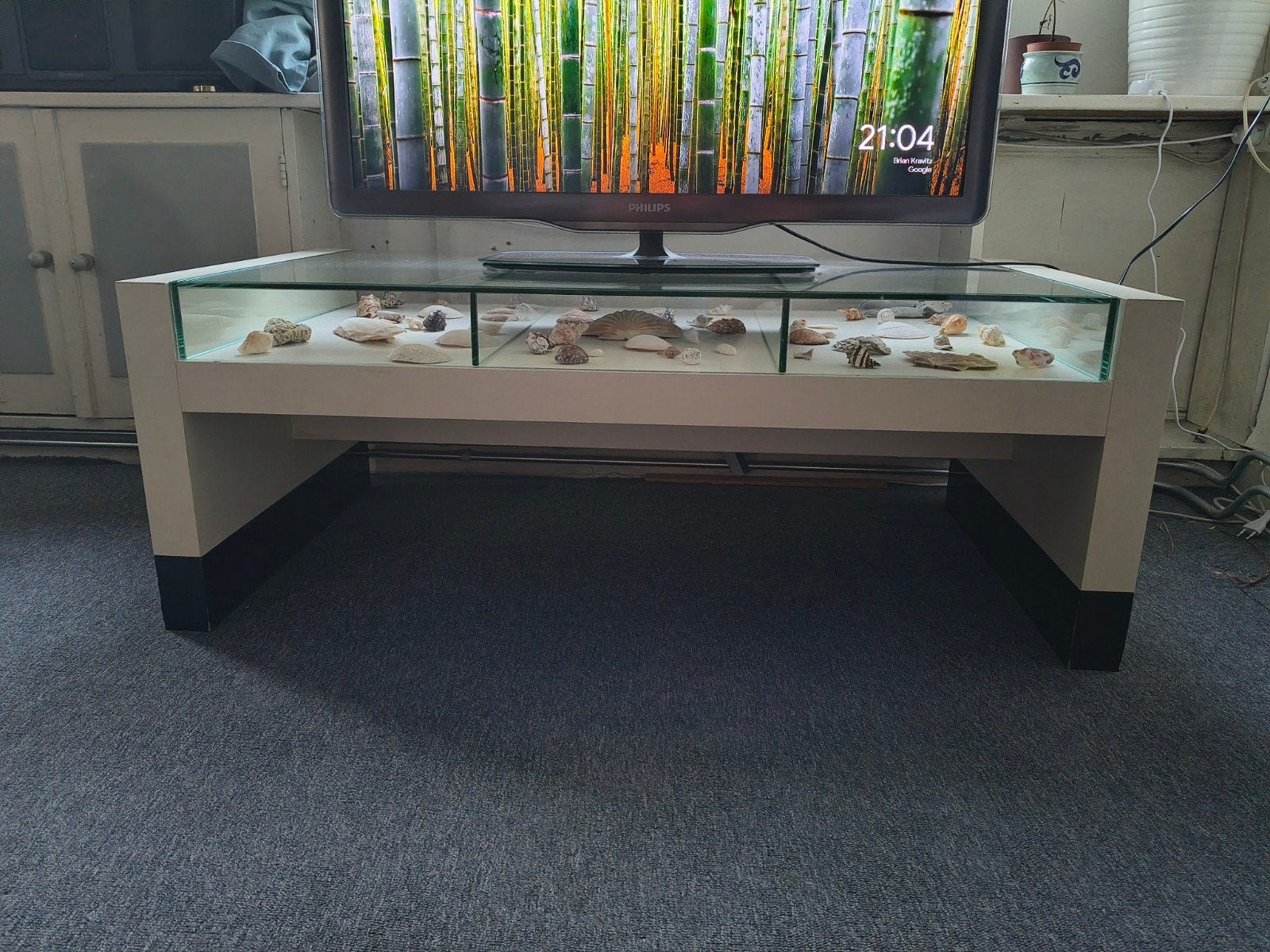 Stevige TV-meubel/salontafel met glazen bak, Ophalen, Gebruikt, 50 tot 100 cm, Minder dan 100 cm
