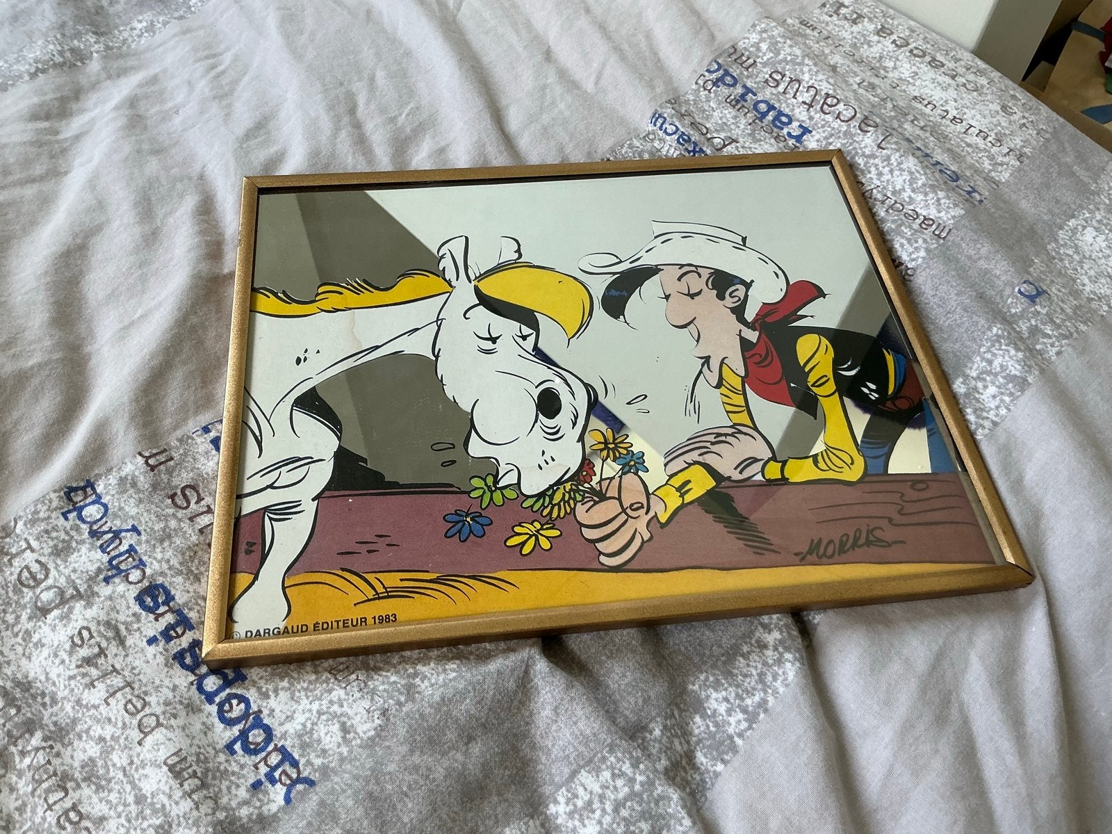 Lucky Luke en Jolly Jumper ingelijste spiegel 1983 20x25 cm, Ophalen of Verzenden, Overige figuren, Gebruikt, Overige typen