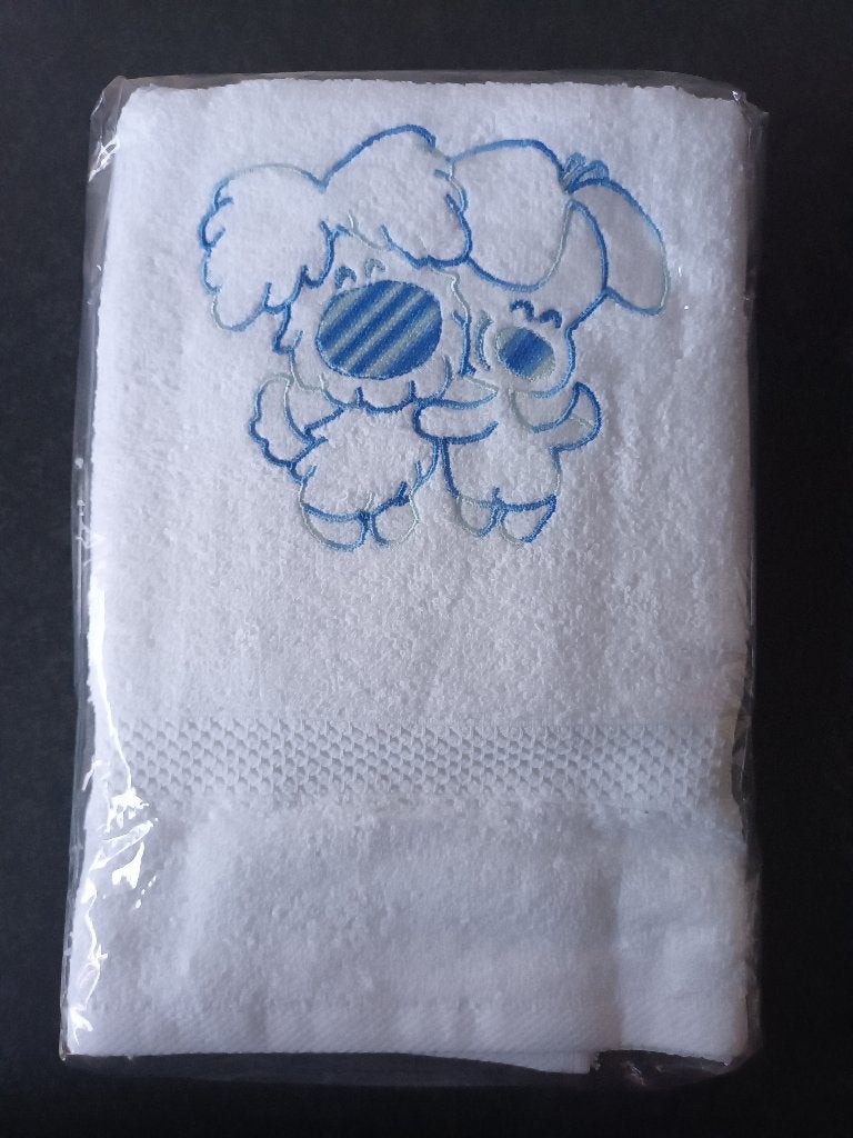 Nieuw witte geborduurde handdoek Woezel & Pip blauw gemeleer, Ophalen of Verzenden, Nieuw, Wit, Handdoek