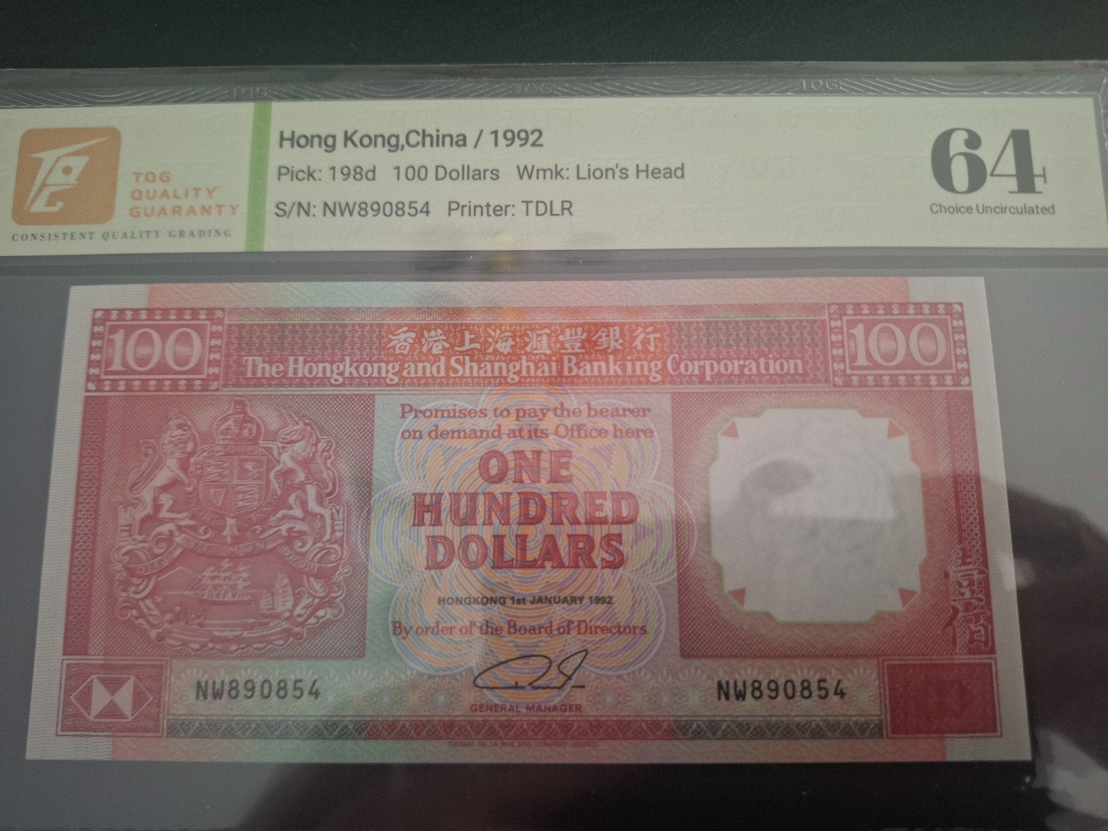 Hongkong, China 100 dollar 1992 TQG 64 bankbiljet, Ophalen of Verzenden