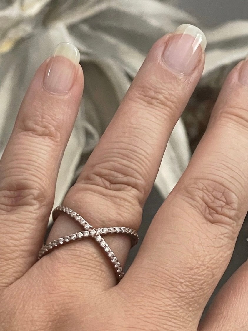 Vermeil criss cross ring met zirkonia’s, Sieraden, Tassen en Uiterlijk, Ringen, 18 tot 19, Ophalen of Verzenden, Zo goed als nieuw