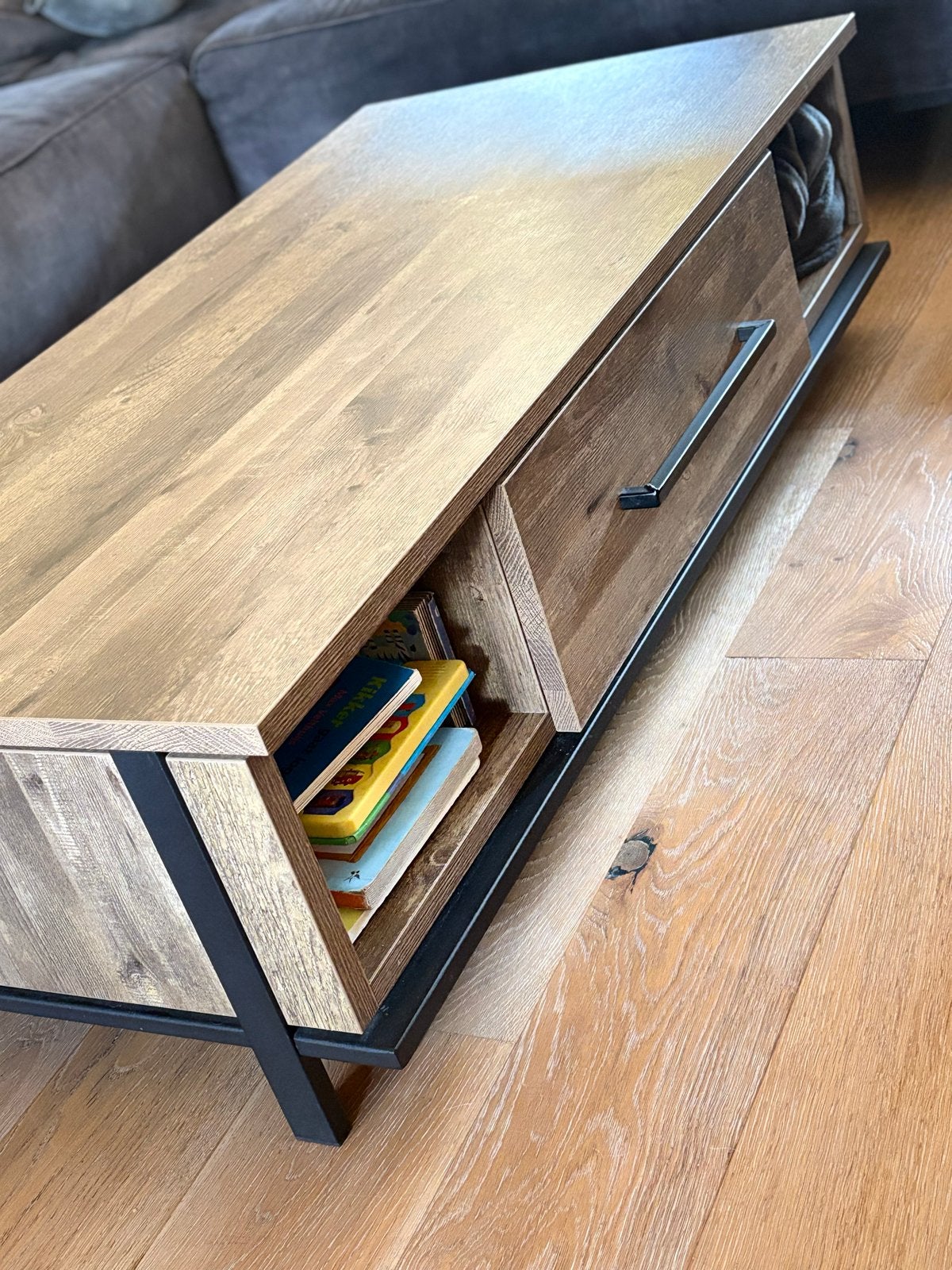 Salontafel met lade en open vakken - 135x67x38 cm, Ophalen, Gebruikt, 100 tot 150 cm, 50 tot 100 cm