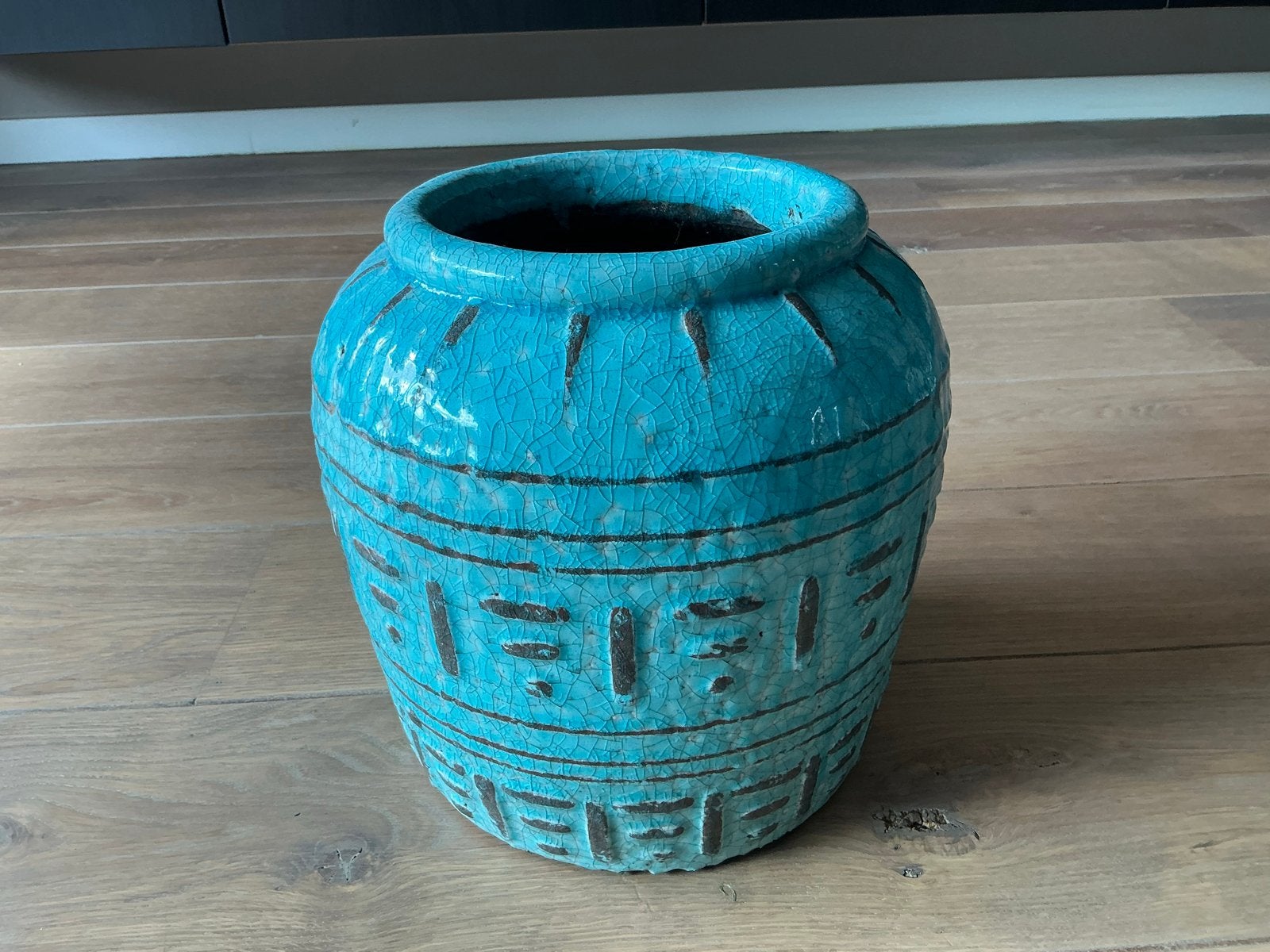 PTMD Collection turquoise bloempot/vaas met craquelé, Antiek en Kunst, Ophalen