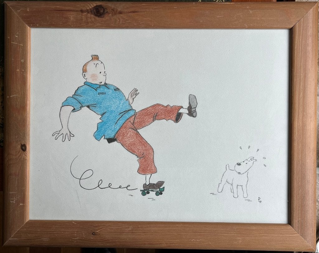 Tekening van Kuifje en Bobbie, gesigneerd: "P97", Antiek en Kunst, Ophalen, Tekening, Pasteltekening, Handgemaakt