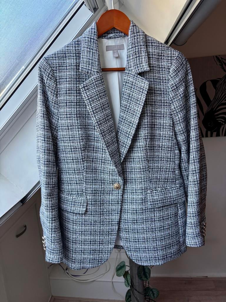 H&M Gevoerde Blazer Maat 42 - Blauw Wit Bouclé Gouden Knopen, Blauw, Maat 42/44 (L), Ophalen of Verzenden, Zo goed als nieuw