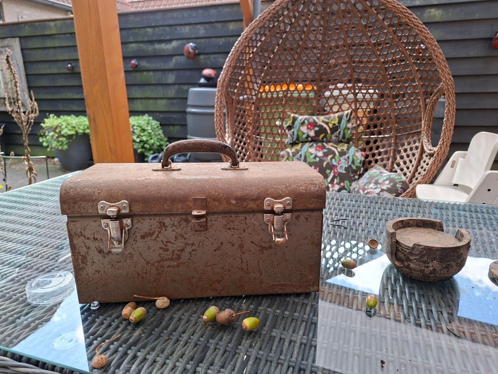 Vintage ijzeren gereedschapskoffer, Ophalen of Verzenden, Gebruikt