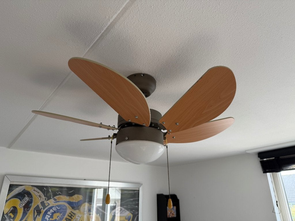 Plafondventilator met Lamp – Houten Bladen, Huis en Inrichting, Ophalen of Verzenden, Gebruikt, Hout, E14 (klein)