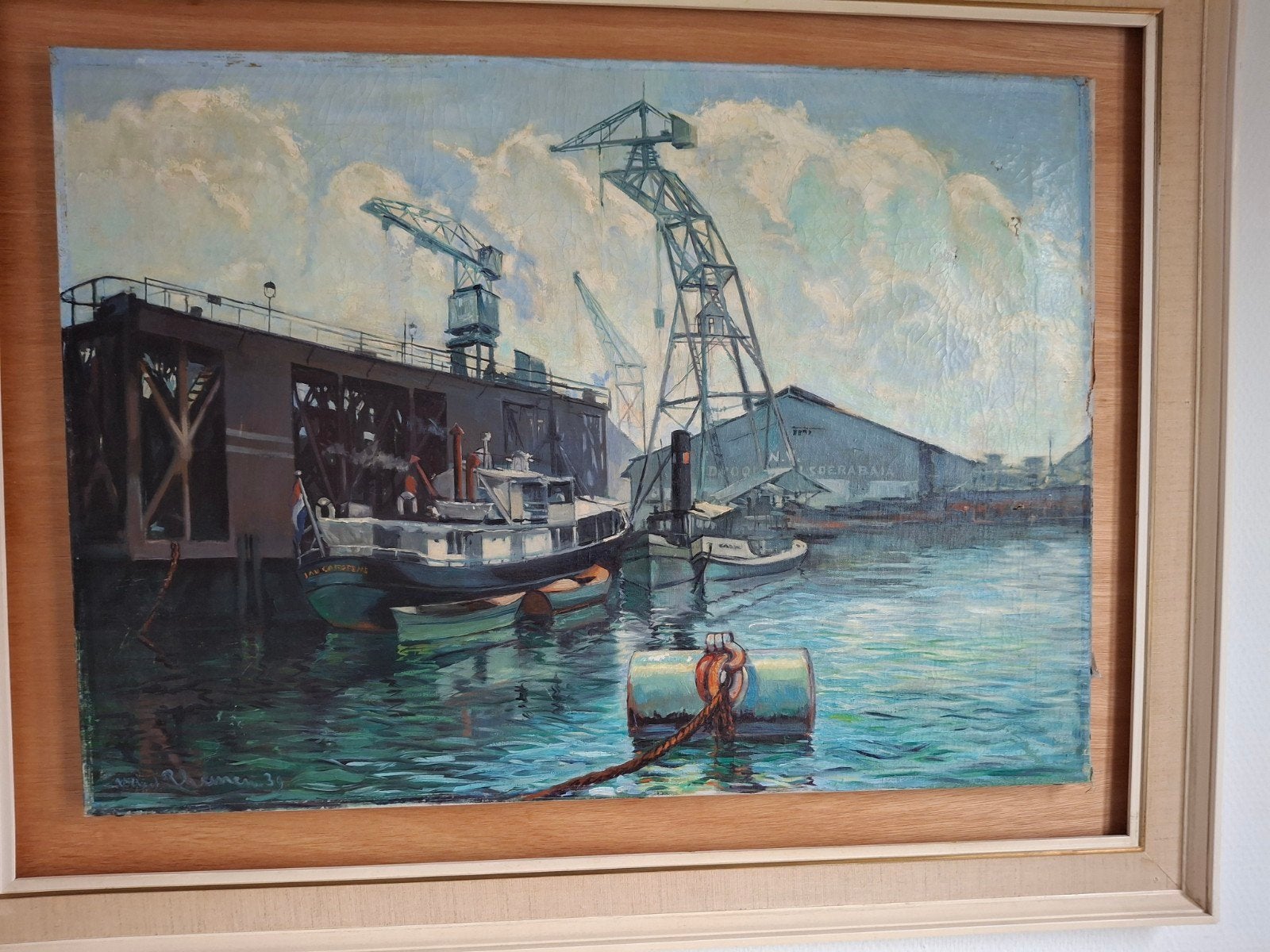 Maritiem schilderij van havengezicht met boten en kranen, Ophalen