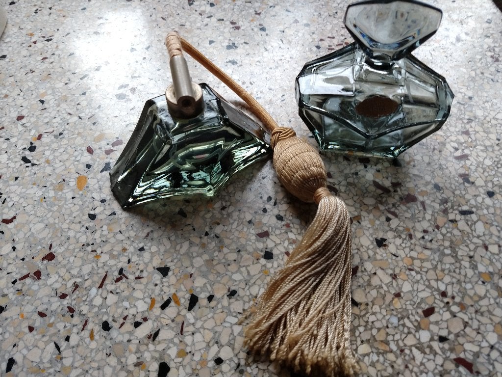 Parfum set echt kristal groen, antieke set bekijk ook mijn a, Ophalen of Verzenden, Zo goed als nieuw