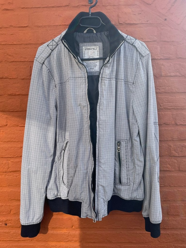 Grijs geruite Springfield herenjas Medium (Label L), Maat 48/50 (M), Ophalen of Verzenden, Zo goed als nieuw, Grijs