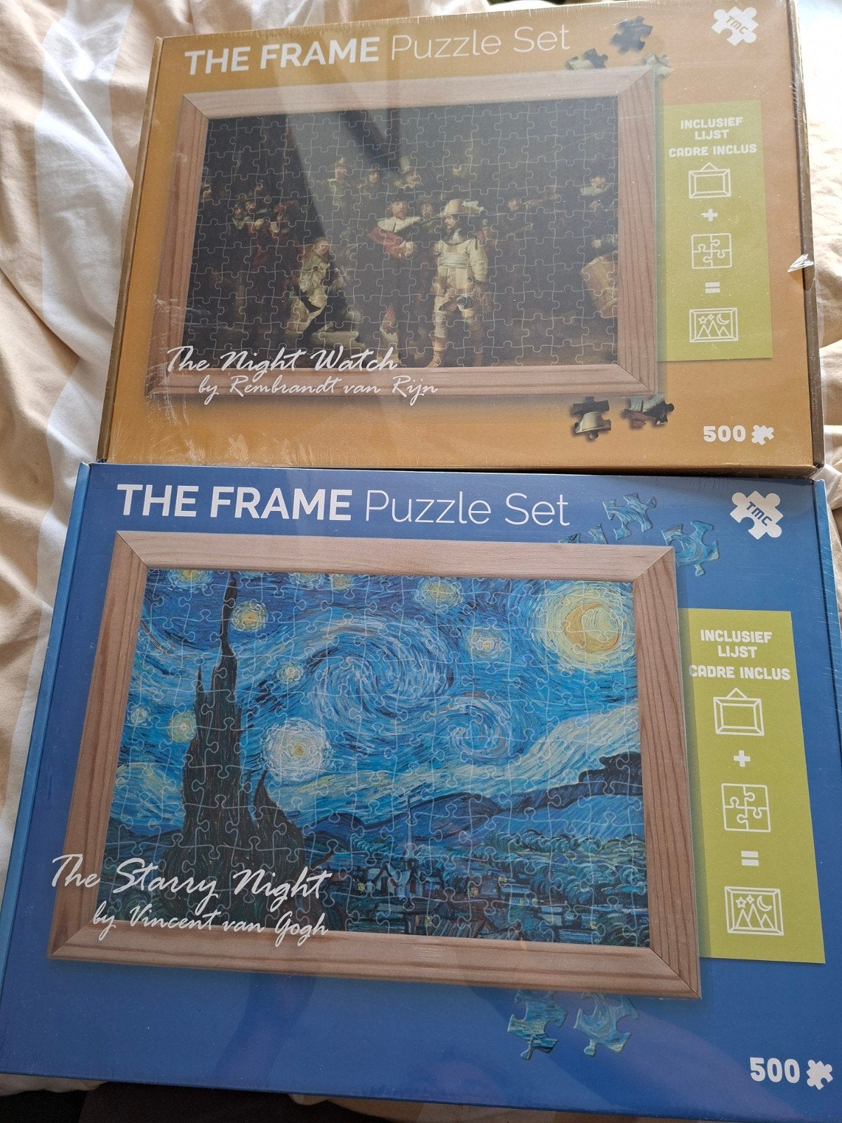 NIEUW 2x the frame puzzel Rembrandt van gogh 500 st + lijst, Ophalen of Verzenden, 500 t/m 1500 stukjes, Nieuw, Legpuzzel