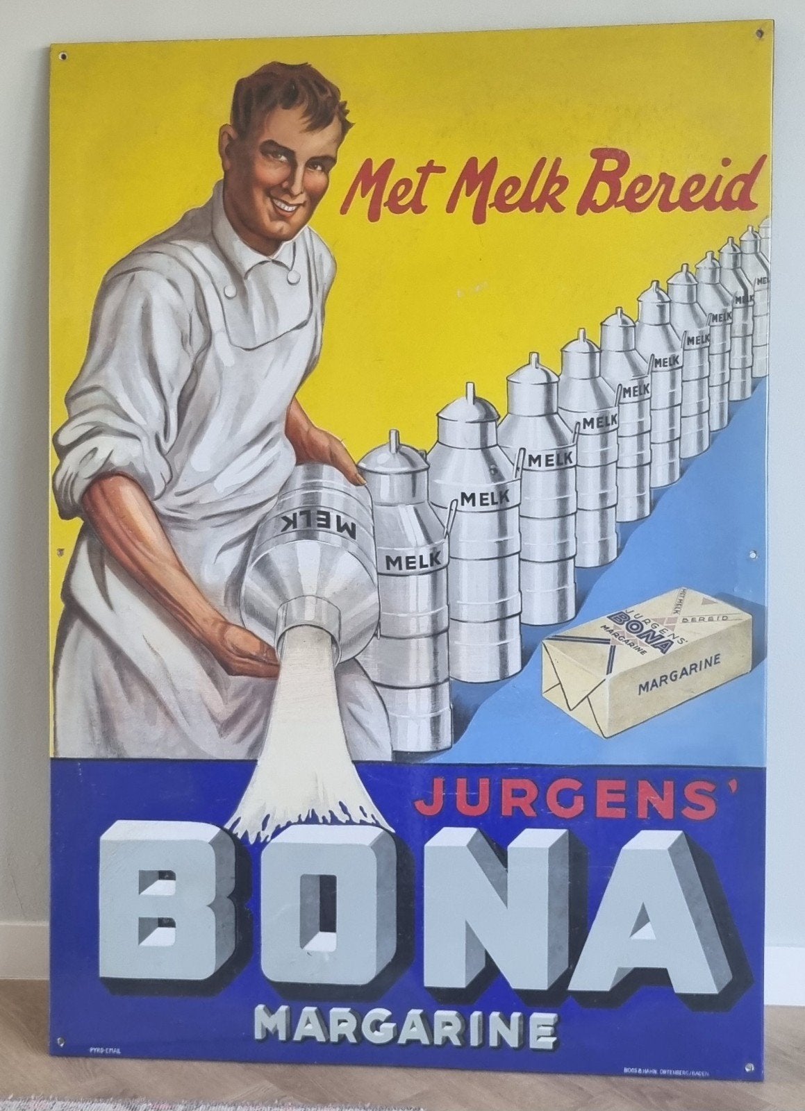 Antiek emaille XXL reclamebord Bona Margarine, Ophalen of Verzenden, Gebruikt, Reclamebord