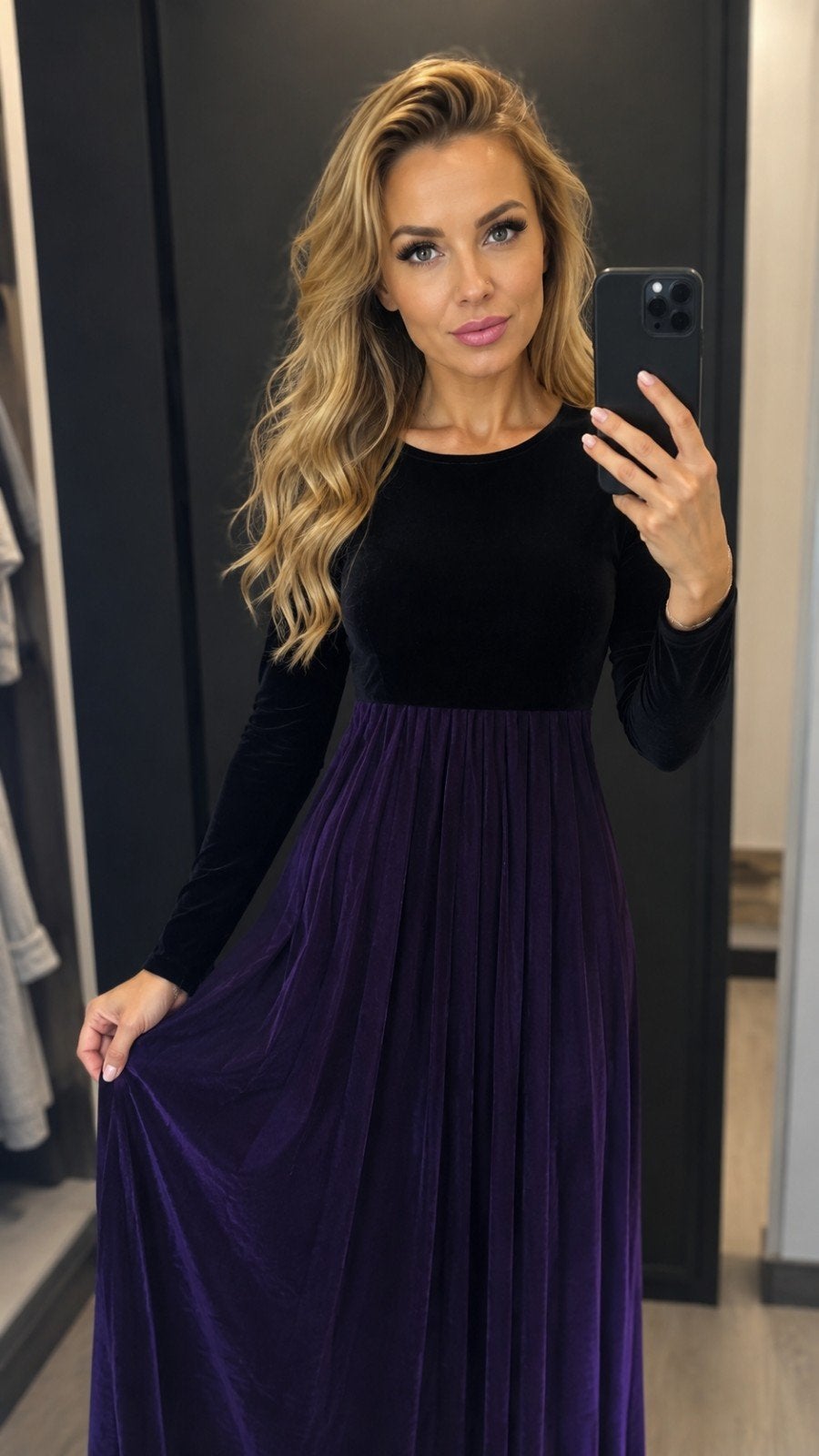 Elegante fluwelen maxi jurk - Zwart/Paars, Kleding | Dames, Zwart, Maat 42/44 (L), Nieuw, Ophalen of Verzenden