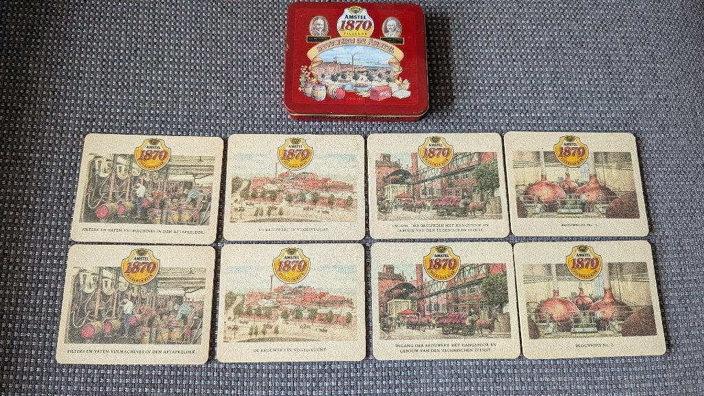 Vintage Amstel bierviltjes in blik 8 stuks, Ophalen of Verzenden, Viltje(s), Amstel