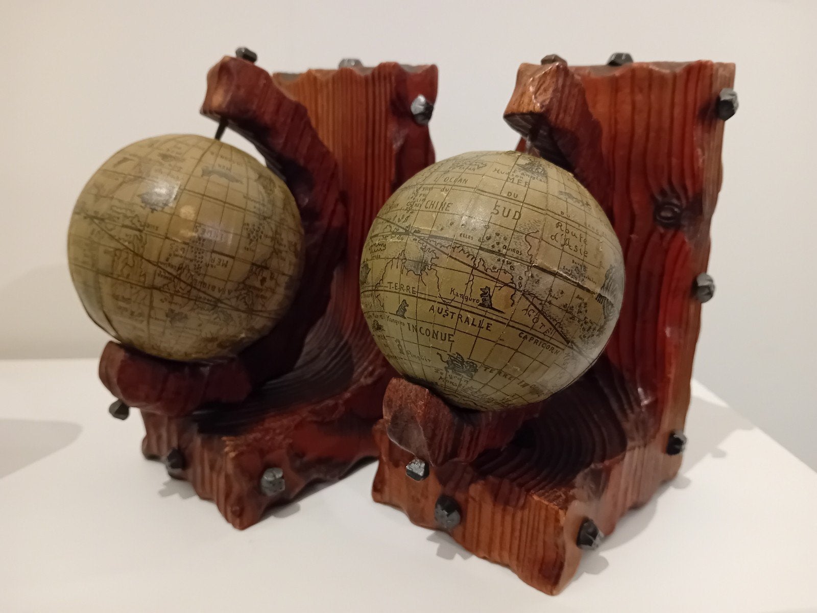 Vintage Boekensteunen met Globes - Hout & Metaal, Ophalen of Verzenden