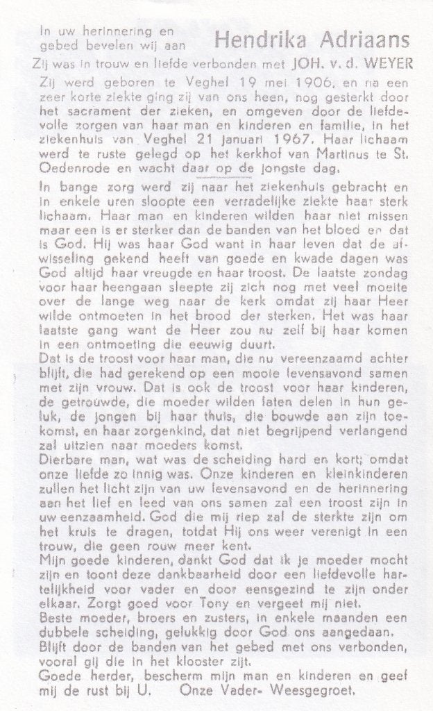 Adriaans Hendrika 1906 Veghel 1967, Verzamelen, Bidprentjes en Rouwkaarten, Ophalen, Bidprentje