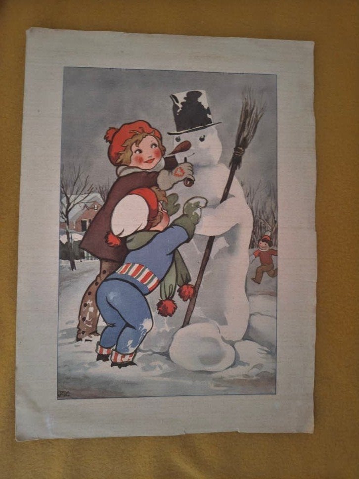 Vintage winterprent: Kind en sneeuwpop, Ophalen of Verzenden, Geschiedenis