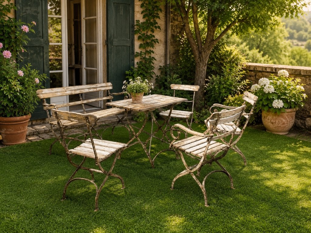 Sfeervolle vintage smeedijzeren bistroset met bankje–6-delig, Tuin en Terras, Tuinsets en Loungesets, Ophalen, Gebruikt, Bank