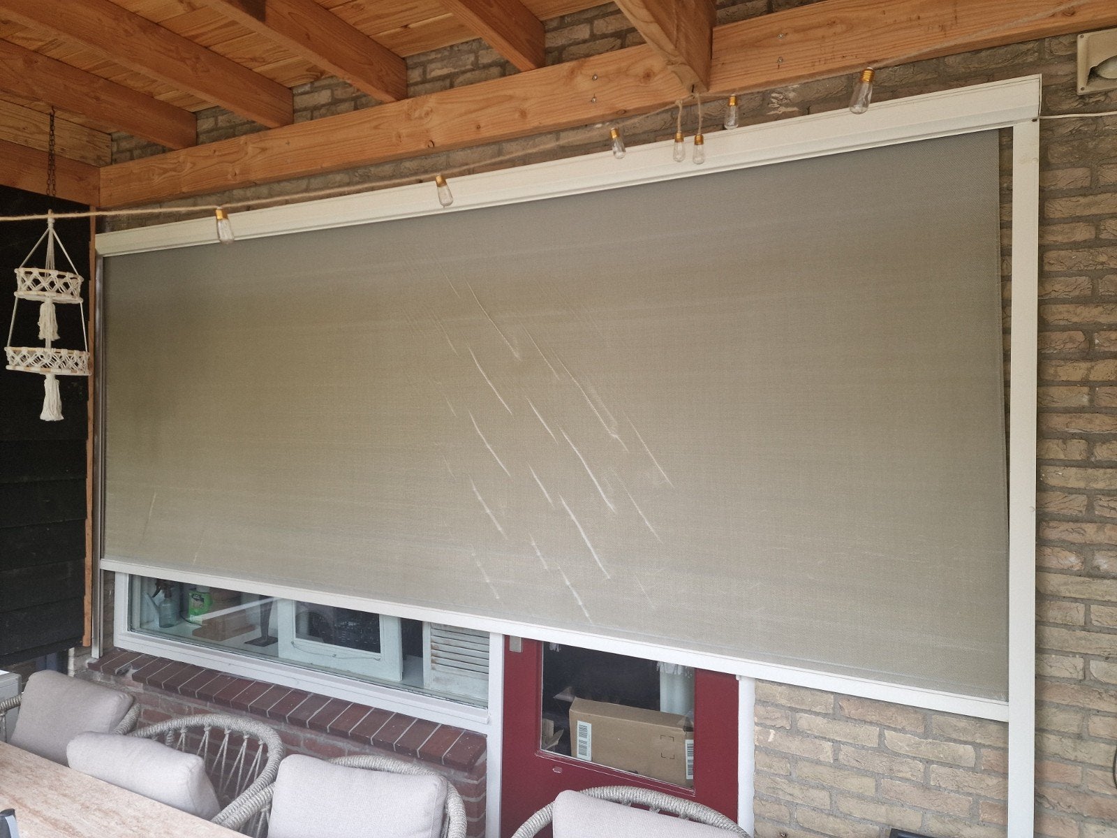 Somfy elektrisch screen 375x140 cm met afstandsbediening, Tuin en Terras, Ophalen, Gebruikt, Elektrisch, 250 cm tot 450 cm