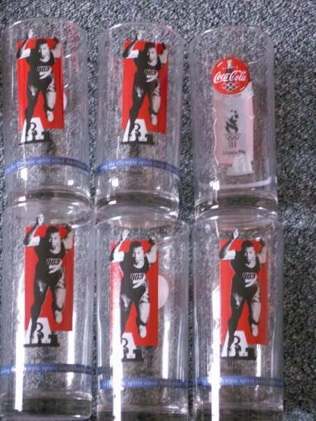 6 Coca Cola glazen Olympische spelen afbeelding atletiek, Ophalen of Verzenden, Nieuw, Bierglas