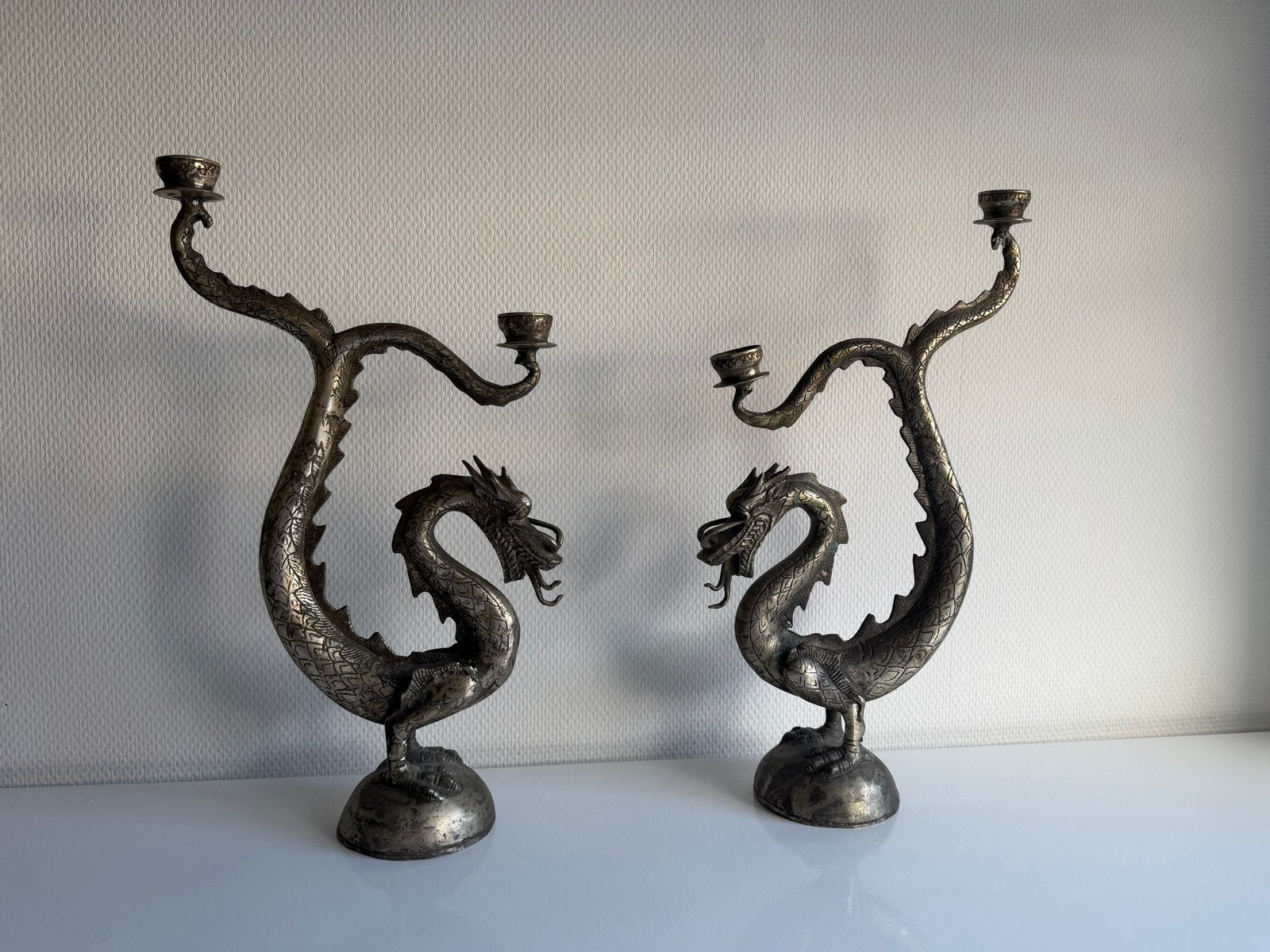 Set van 2, Antieke Draak Kandelaar, Antiek en Kunst, Antiek | Kandelaars, Ophalen of Verzenden, Koper of Brons