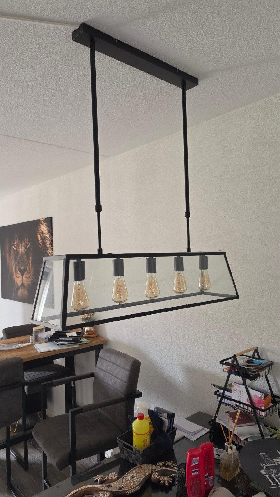 Moderne Zwarte Hanglamp met 5 Edison Lampen, Zo goed als nieuw, Glas, Modern industrieel, E27 (groot)