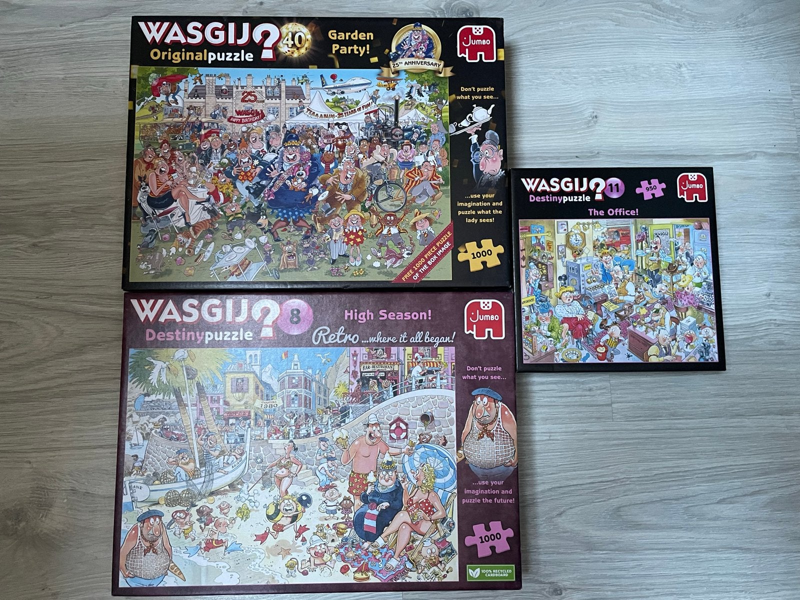 3 Wasgij Puzzels: Original, Destiny, en Retro - 1000 stukjes, Ophalen of Verzenden, 500 t/m 1500 stukjes, Gebruikt, Legpuzzel