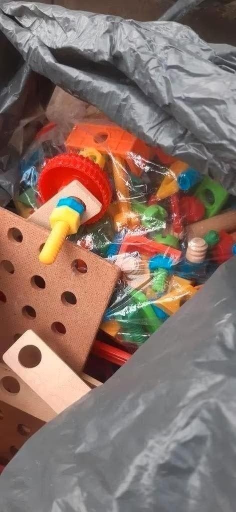 Grote zak met houten en plastic bouwblokken, Ophalen of Verzenden