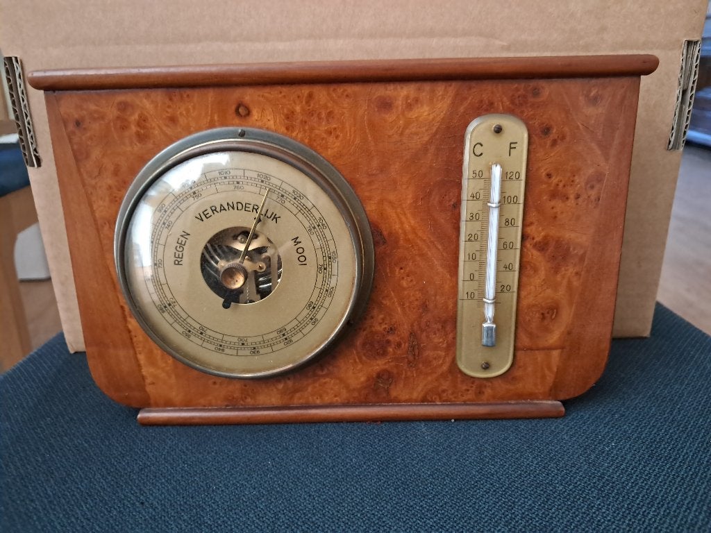 Vintage barometer met thermometer, met houten kast, Ophalen, Gebruikt, Weerstation