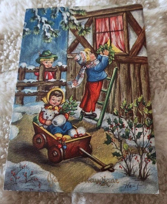 Vintage Kerstkaart Gelopen 1959 - Gezellige Winterscène, Verzenden, 1940 tot 1960, Gelopen, Feest(dag)
