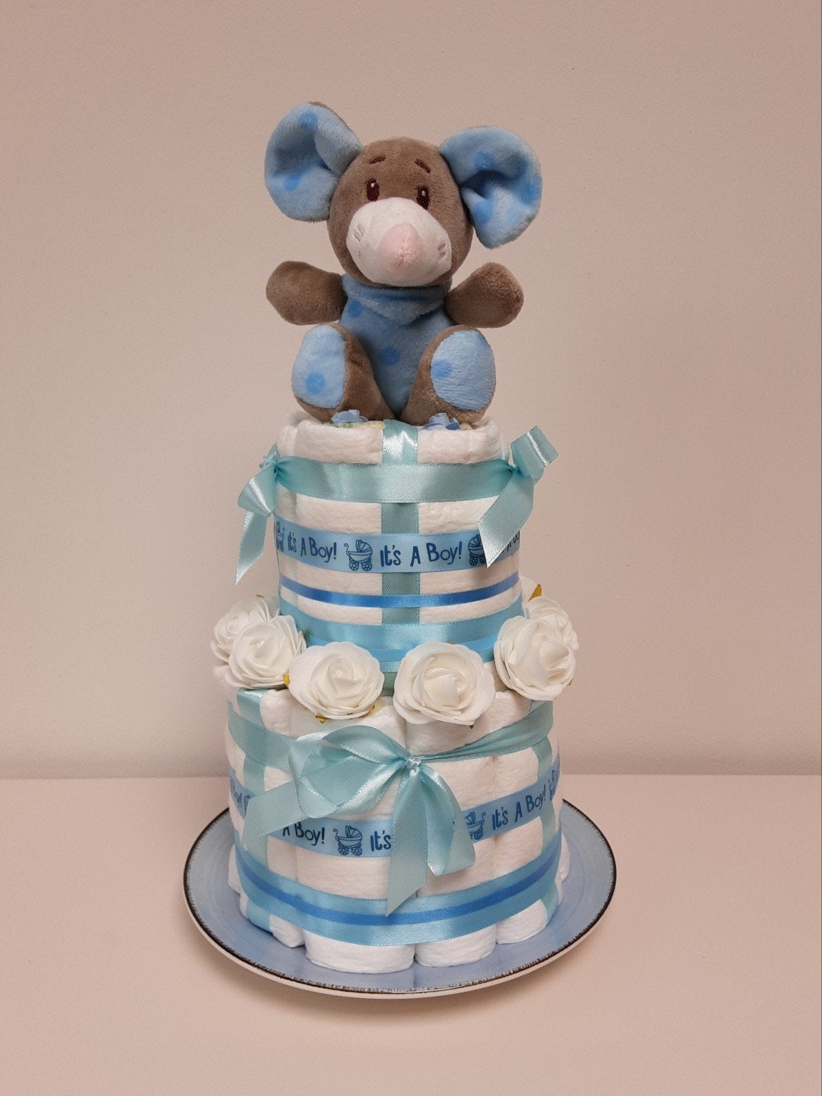 Blauwe luiertaart met een muis knuffel Babyshower/ Geboorte, Ophalen of Verzenden, Nieuw