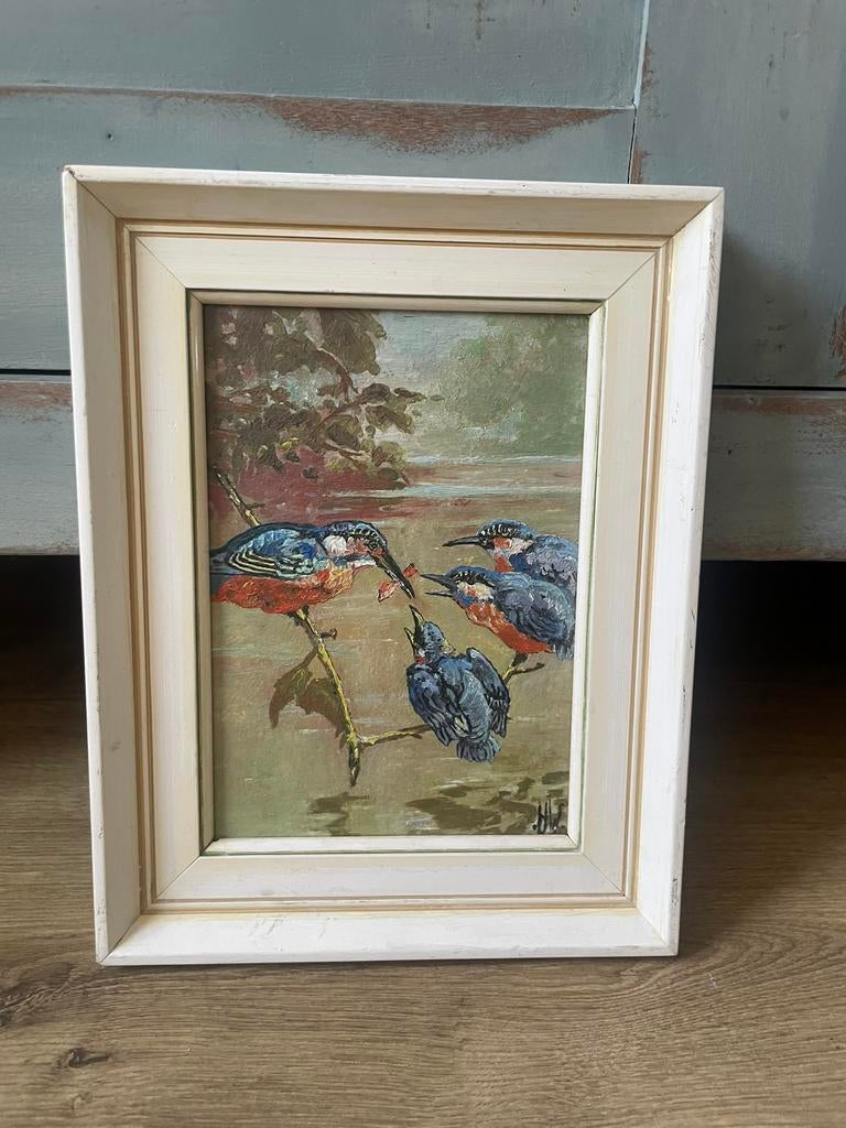 Prachtig schilderij met 4  ijsvogels, Ophalen of Verzenden