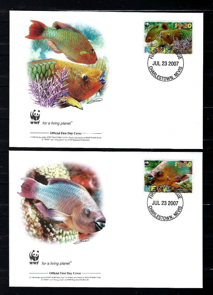 WWF Nevis 4x FDC uit 2007 (vissen), Ophalen of Verzenden, Dier of Natuur