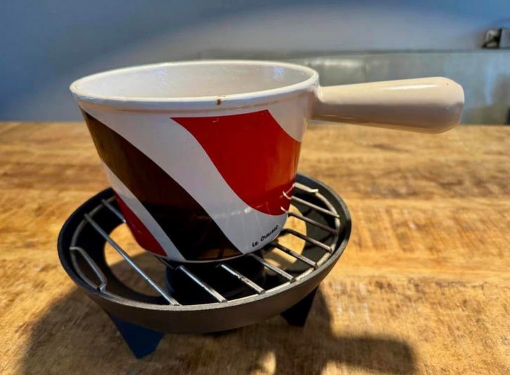 Vintage Le Creuset kaasfondue set, Ophalen of Verzenden, Gebruikt, Gietijzer, Overige typen